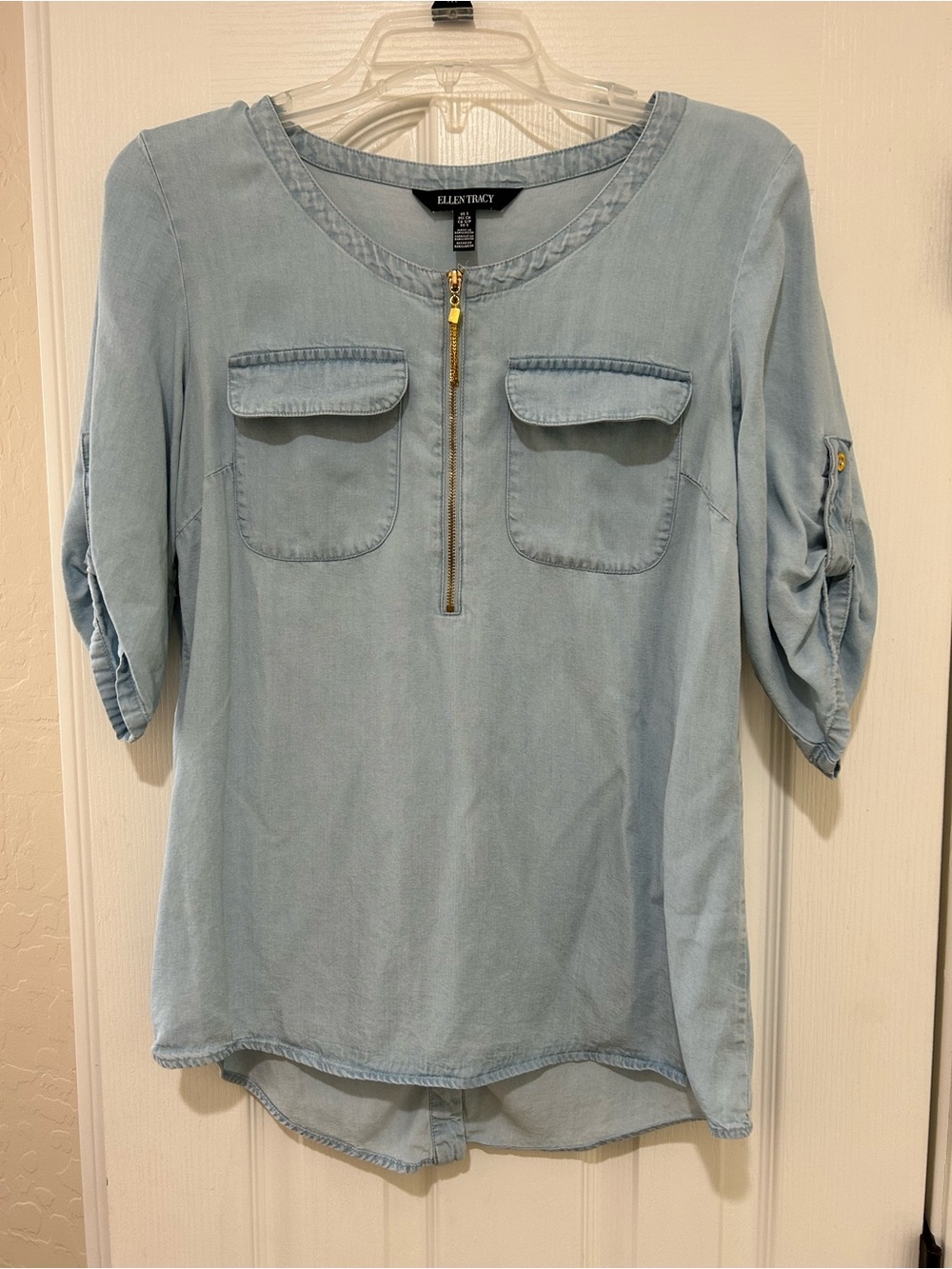 Ellen Tracy Light Blue Half-Zip Utility Rolled 3/4 Tab Sleeves Blouse Top